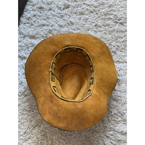 Mens Outback Hat Woven Embossed Tan Hard Leather Cowboy Black Australian - Picture 4 of 13